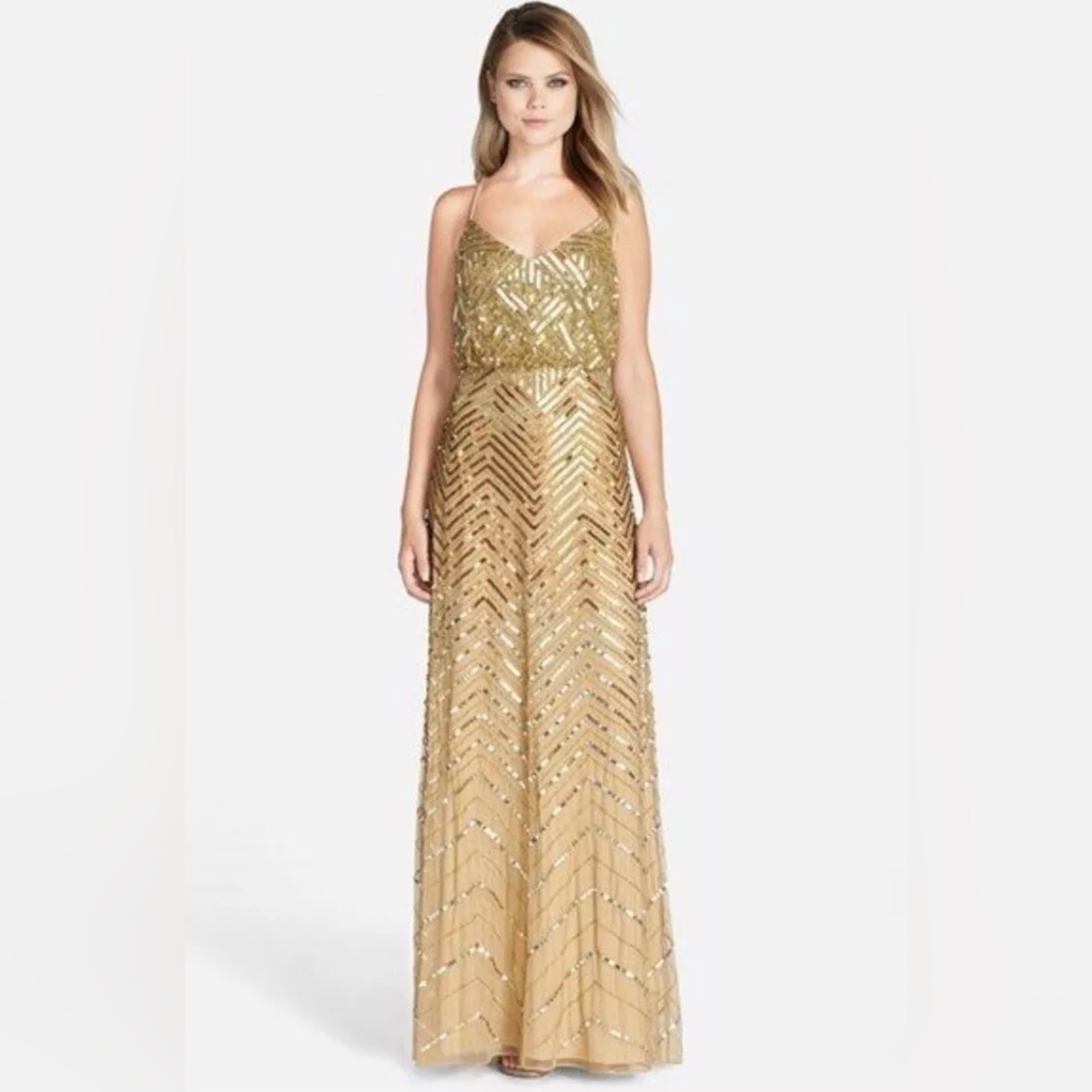 Adrianna Papell Spaghetti Strap Gold Sequence Gown